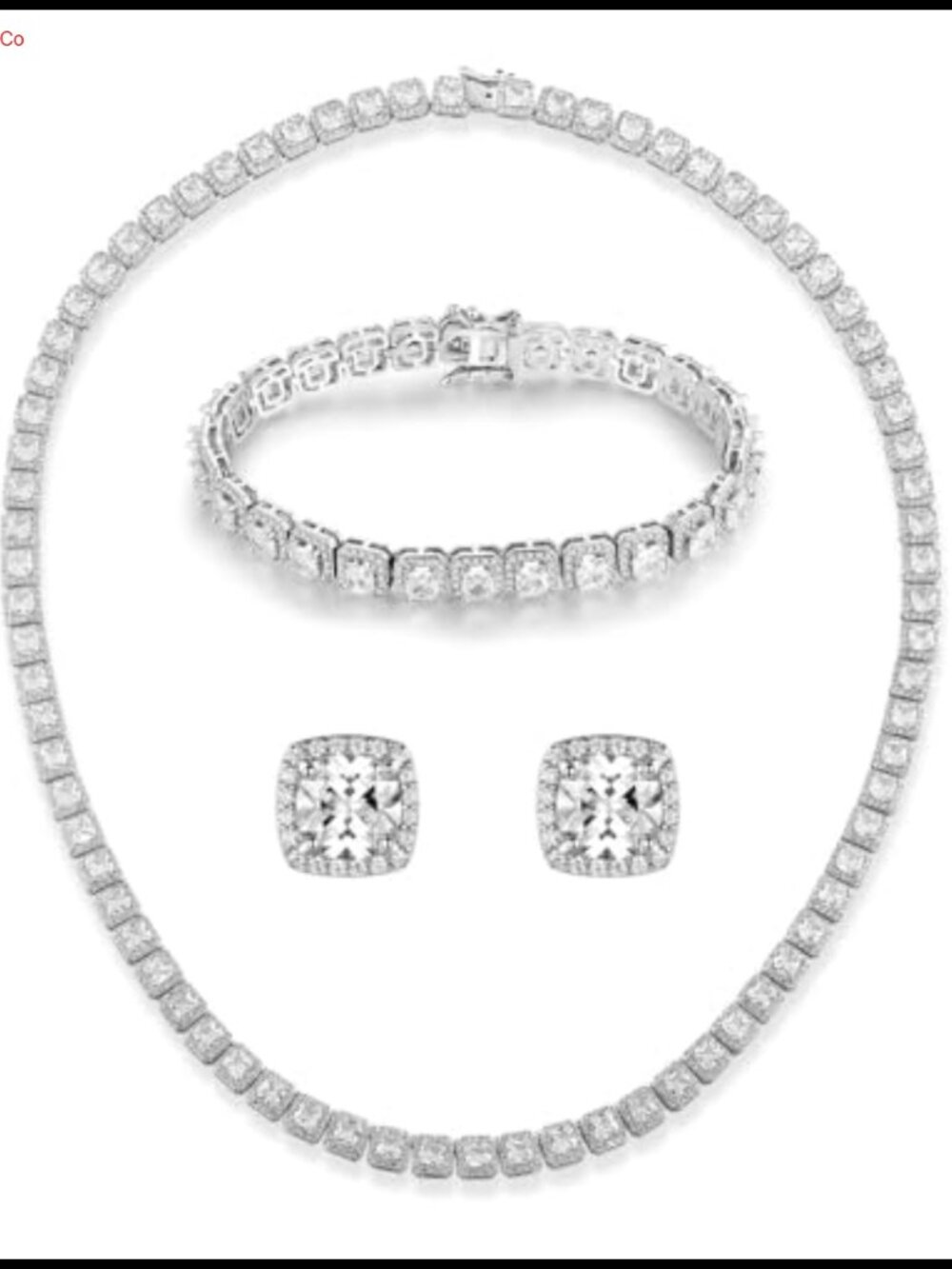 18K White Gold Plated Cubic Zirconia Tennis Necklace Bracelet Stud Earrings Set